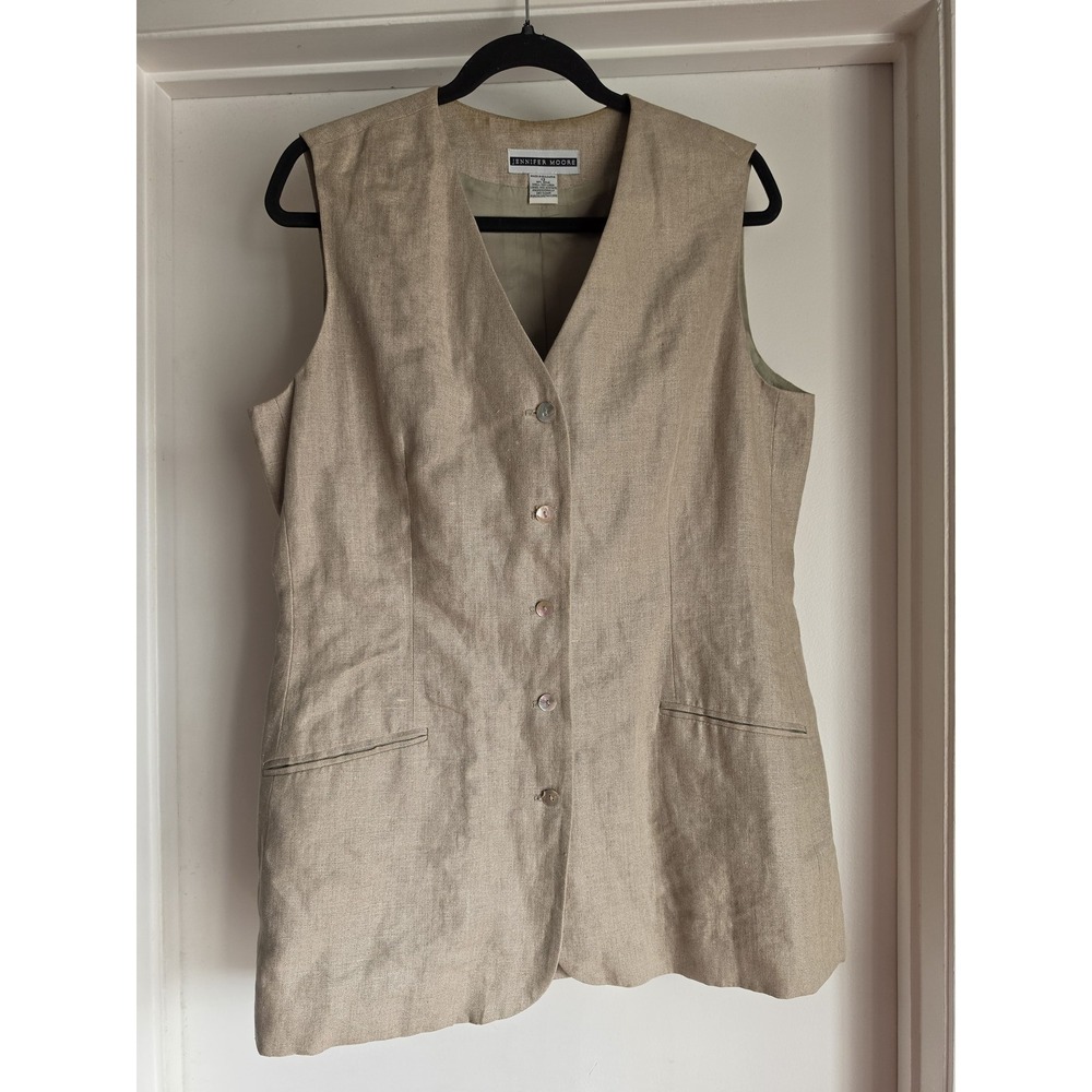 Jennifer Moore Linen Vest Women Size 12 Tan Solid Sleeveless V-Neck Casual VTG